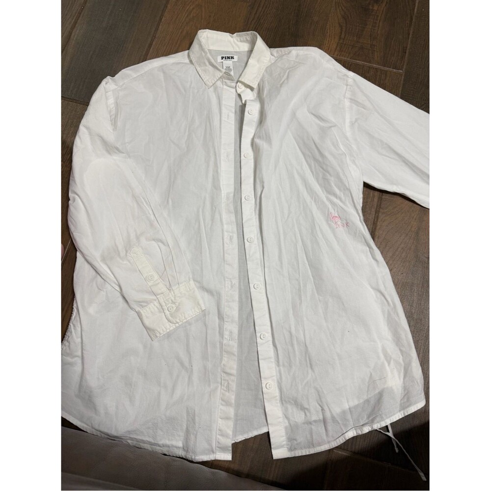 PINK Victoria's Secret Womens White Button-Down Shirt with Pink Logo